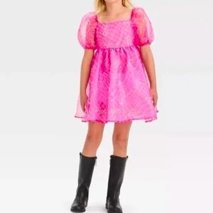 Barbie Organza Mesh Baby Doll Pink Graphic Dress Girls XL 14